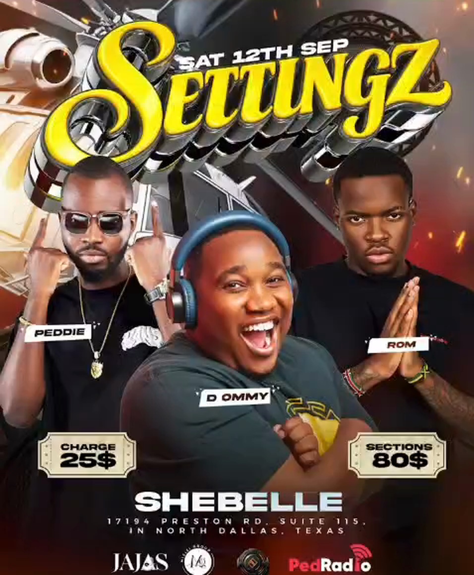 Official flyer: SETTINGZ at Shebelle Bar & Grill, Saturday September 12, featuring Peddie, D Ommy, and Rom, presented with JAJAS and PedRadio, $25 charge, $80 sections
